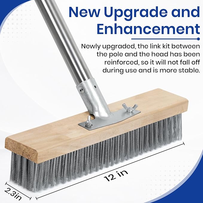 Stainless Steel Deck Scrub Brush, Outdoor Broom for Concrete, Deck, Cement Floor Cleaning, 56" Long Handled Heavy Duty Floor Scrubber