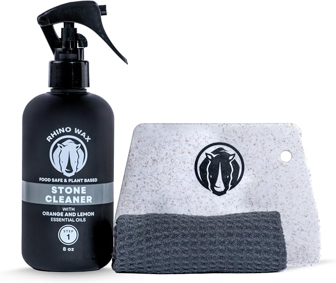 Rhino Wax Soapstone Cleaning Kit - Includes Stone Spray Cleaner, Scraper, Microfiber Cloth - Food Safe - Natural Ingredients - Safely Clean Soapstone, Slate, Granite, Quartz, Marble, Concrete - USA