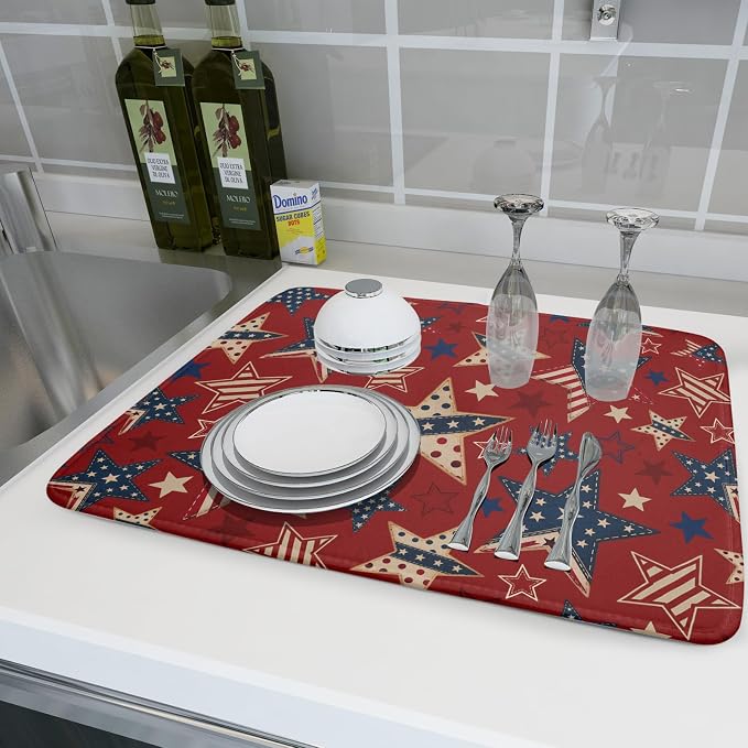 4th of July Dish Drying Mat for Kitchen Counter Patriotic Red Absorbent Dishes Dryer Pad 18 x 24 in
