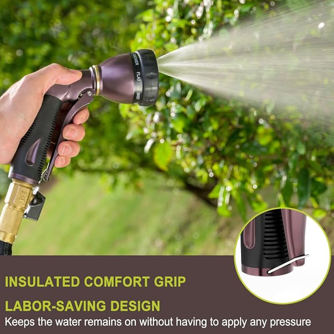 FANHAO Metal Water Hose Nozzle Heavy Duty, 8 Spray Patterns, High Pressure | Comfortable Non-Slip Handle, Hands-Free Lock, Rustproof Leak Proof Hose Sprayer Nozzle for Watering Plant, Car & Pet Washing