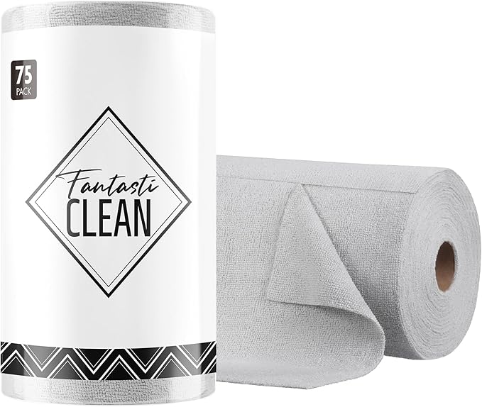 Fantasticlean Microfiber Cleaning Cloth Roll- 75 Sheets, 12" x 12" (Grey) | Super Absorbent, Lint-free, Tear-away Microfiber Towel Roll, for All-Purpose Cleaning, Reusable Alternative to Paper Towels