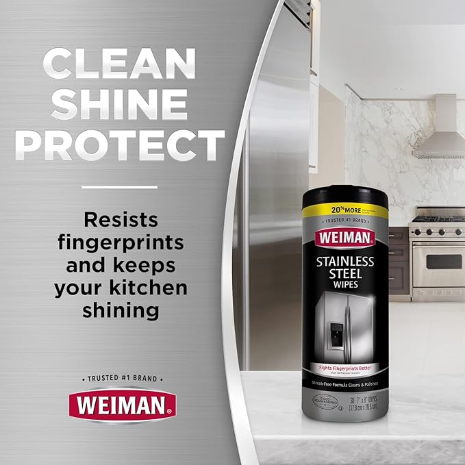 Weiman Stainless Steel Wipes - Removes Fingerprints, Residue, Water Marks and Grease From Appliances - Works Great on Refrigerators, Dishwashers, Ovens, Grills - 28 Count - Packaging May Vary