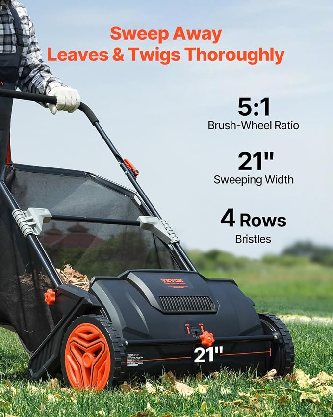 VEVOR Push Lawn Sweeper, 21inch Leaf & Grass Collector, Heavy Duty Thickened Steel Durable to Use with Large Capacity 3.5 cu. ft. Mesh Collection Hopper Bag, 2 Spinning Brushes | Adjustable Brush Height & 2 Spinning Brushes, Manual Yard Sweeper for Lea...