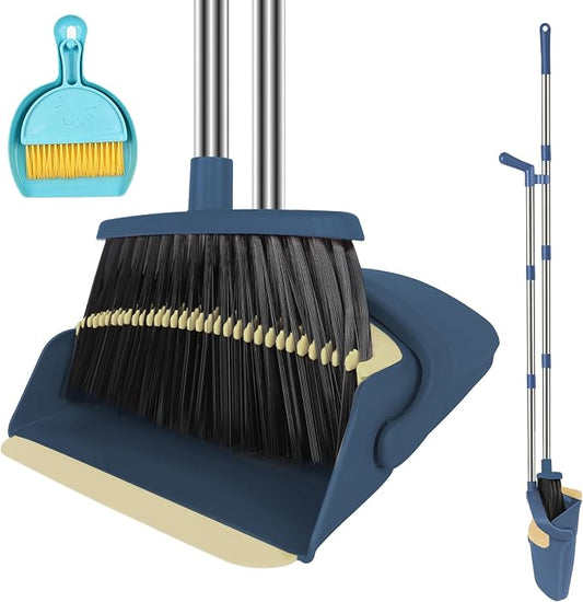 Broom and Dustpan Set, 51" Long Handle Broom with Mini Set Navy Blue | Mini Set for Tables, Kitchens & Tight Spaces, Built-in Comb Dustpan, Foldable Space-Saving Storage, Multi-Surface Use