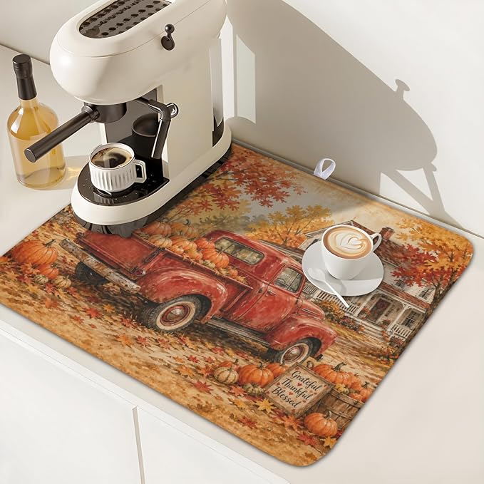 Fall Pumpkin Dish Drying Mat for Kitchen Counter Thanksgiving Autumn Harvest Pattern Microfiber Dish Drainer Mat Vintage Rustic Farmhouse Absorbent Washable Drying Pad 16"x18"