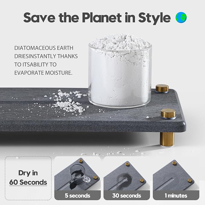 Kitchen Sink Caddy Water Absorbing Stone Drying Tray, Diatomite Bathroom Sink Organizer, Faucet Counter Mat Coaster, Soap Dish Rack Riser Dispenser Sponge Holder, Dark Gray Gold -12.5" x 4.5"