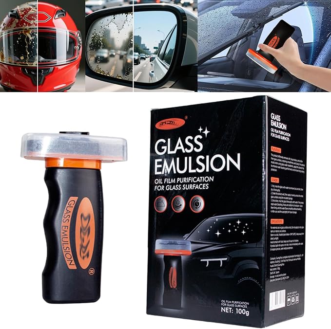 Glass Emulsion Cleaner, Windshield Cleaner, Car Windshield Cleaner Tool Roll-On Glass Compound with Cleaning Board, Removes Oil Film & Smudges, Improve Windshield Clarity for Safe Driving(100ml+Brush)