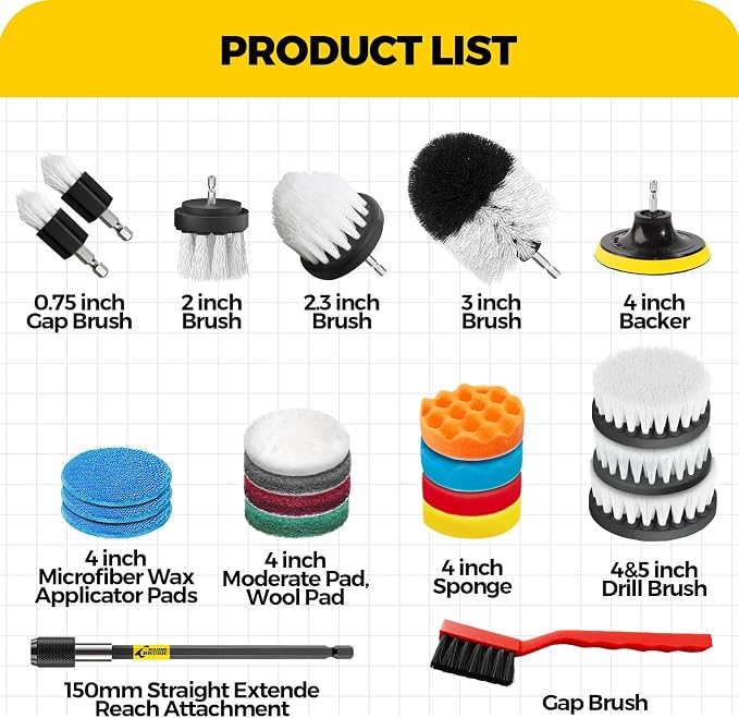 Holikme 22Pack Drill Brush Attachments Set, Scrub Pads & Sponge, Buffing Pads, Power Scrubber Brush, Car Polishing Pad Kit,Wax Applicator Pad,Car Cleaning Kit,Cleaning Supplies,Masonry Brushes,White | Buffing Sponges, Nylon Grout Tools, Microfiber Wax ...