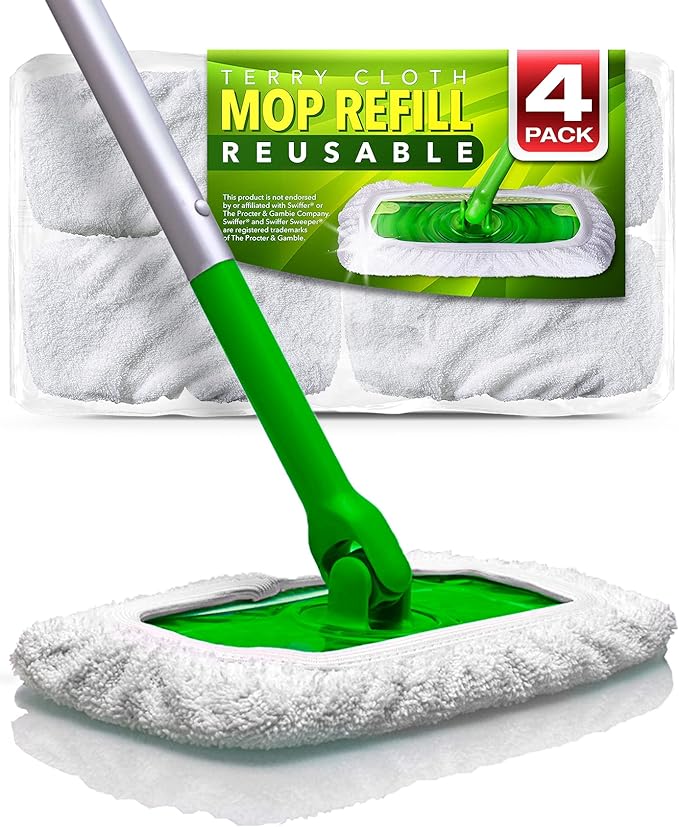 VanDuck Reusable 100% Cotton Mop Pads for Swiffer Sweeper (4-Pack) | Mop not included, reusable terry cloth mop covers, cotton replacement refills, machine washable wet mopping pads