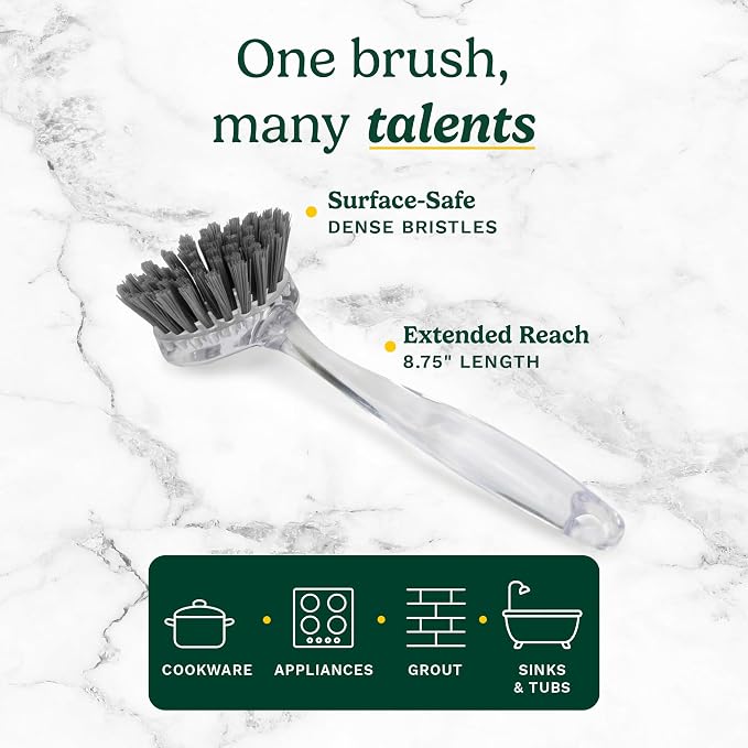 Cuisinart Dish Brush with Handle, 2 Pack, Firm Bristles | Multi-purpose dish scrubber for plates, pots, and pans, deep cleaning removes grease, safe for nonstick, round head