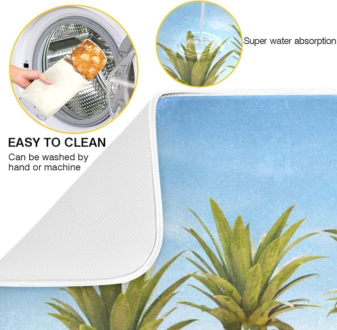 Absorbent Dish Drying Mat for Kitchen Counter - Pineapple Beach Microfiber Drying Pad, Reversible Drainer Mats for Countertop, Lager 18 x 24 inch