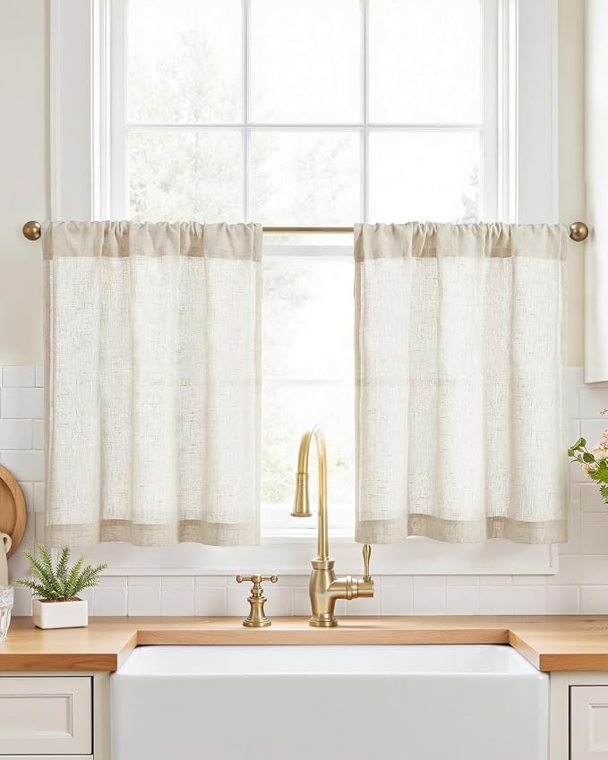 jinchan Rustic Linen Rod Pocket Tier Curtains, 26x24, 2 Panels, Natural | Light filtering, cafe curtains, machine washable, farmhouse, kitchen, bathrooms, laundry, small window, over sink