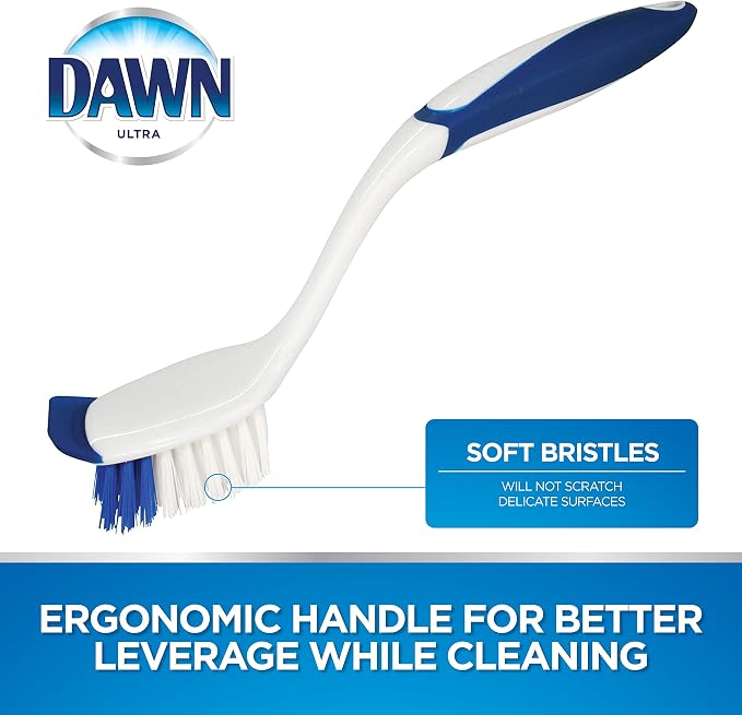 Dawn Dish Brush with Soft Nylon Bristles and Scraper, Blue/White