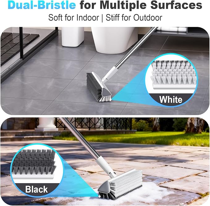 Floor Scrub Brush with Long Handle, Heavy-Duty Stiff Bristles, V-Shape Floor Scrubber Brush for Tile, Concrete & Grout Lines, Stand-Up Cleaning for Garage, Bathroom, Deck & Patio