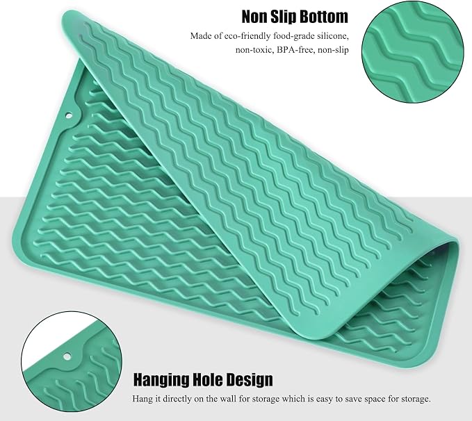 Silicone Dish Drying Mat for Multiple Usage, Easy clean, Eco-friendly, Heat-resistant Dish Drainer Mat for Kitchen Counter,Sink,Refrigerator or Drawer liner (18" x 16", Green)