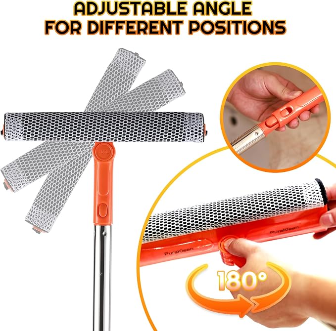 2-in-1 Window Squeegee with 62" Pole — Streak-Free & Sponge Scrubber | No ladder for high windows, skylights, shower doors, car & RV windshields, tile. Orange. Stainless pole sponge scrubber.