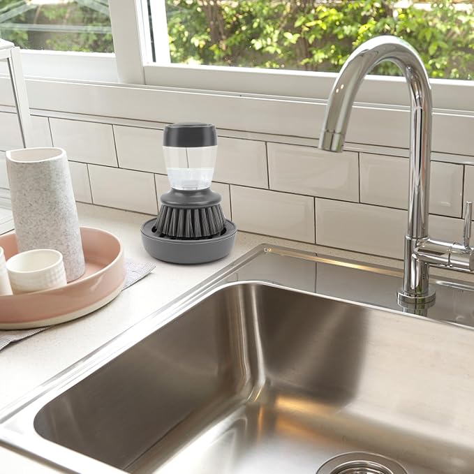 Kitchen Brush with Holder and Soap Dispensing Palm Brush Storage Set for Kitchen Cleaning Dishes Pots Pans Sink Cleaning Dish Scrubber