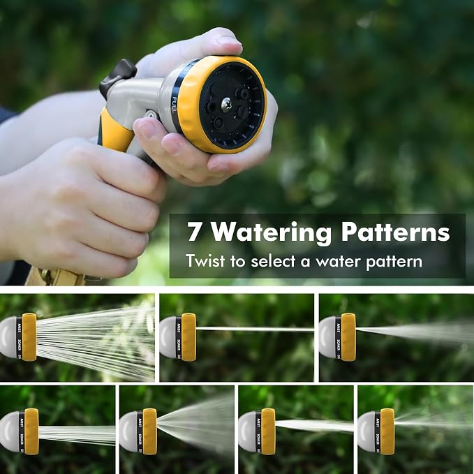 RESTMO Garden Hose Nozzle, Heavy Duty Metal Water Hose Nozzle with 7 Adjustable Spray Patterns, High Pressure Hand Sprayer with Flow Control, Best for Watering Plant & Lawn, Washing Car & Pet, Yellow