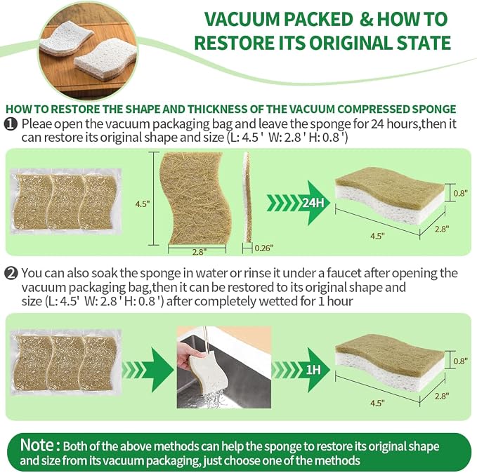 Sponges Kitchen Natural Dish Sponge Plant-Based Biodegradable Compostable Cellulose with Coconut Scrubber Sponge Non Scratch Eco Friendly Kitchen sponges for Kitchen Dishes（Pack of 16）
