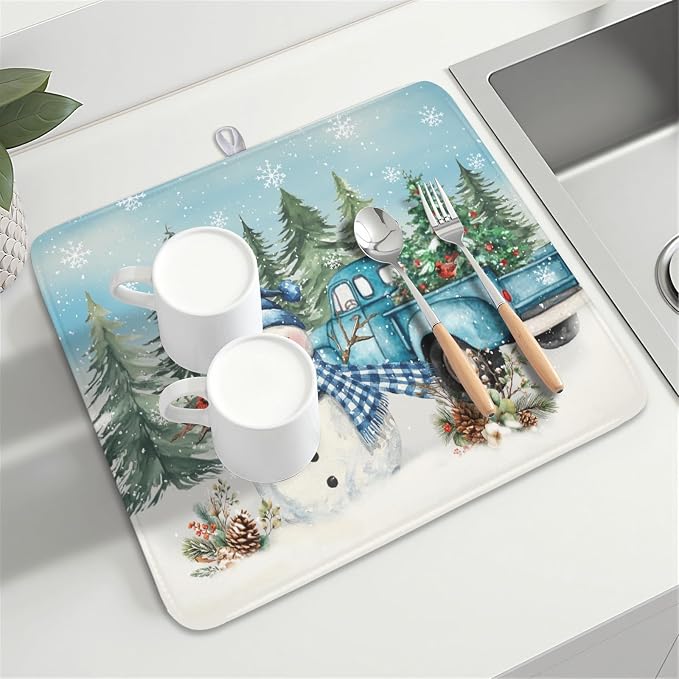 Giwawa Winter Snowman Blue Dish Drying Mat Xmas Truck Dishes Pad 16"x18" Microfiber Absorbent Drainer Rack Mats Protector for Kitchen Counter Sink