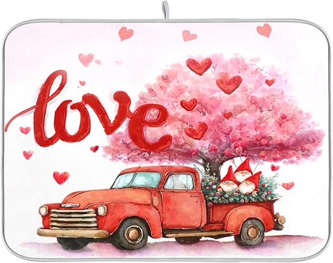 Valentine’s Day Love Tree Dish Drying Mat for Kitchen Countertop 18x24 Happy Valentines Day Gnomes White Large Drying Mat Reusable Quick Dry Dish Sink Mats Easy Clean Decorative Essentials