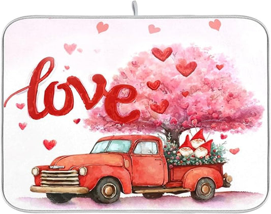 Valentine’s Day Love Tree Dish Drying Mat for Kitchen Countertop 18x24 Happy Valentines Day Gnomes White Large Drying Mat Reusable Quick Dry Dish Sink Mats Easy Clean Decorative Essentials
