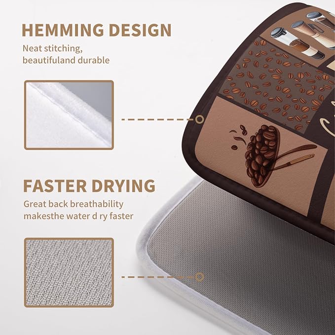 Coffee Theme Dish Drying Mats for Kitchen Counter Absorbent Microfiber Dish Drainer Mats Brown Pattern Coffee Bar Mat for Countertop Washable Dishes Drying Pad 16x18 Inch