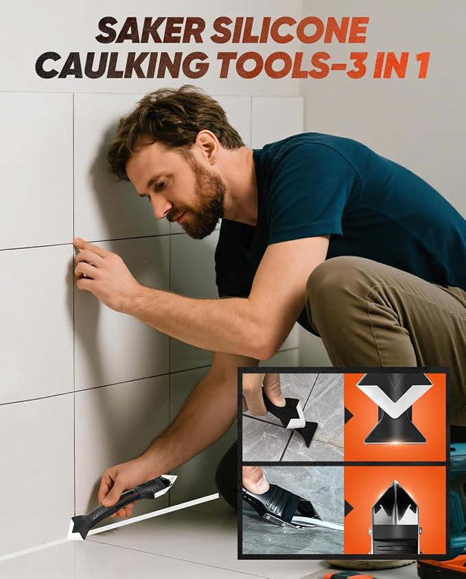 Saker Silicone Caulking Tool 3-in-1 Grout Removal Tool Classic Black | Sealant Finishing Scraper with Stainless Steelhead, Seam Repair Kit for Bathroom, Kitchen, Floor, Window and Sink Joints