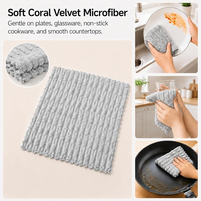 kimteny Microfiber Dish Cloths for Kitchen, 24 Pack 12 x 12 Inch Coral Velvet Kitchen Cleaning Cloths, Absorbent Reusable Non-Scratch Dish Rags for Dishes, Countertops & Sink