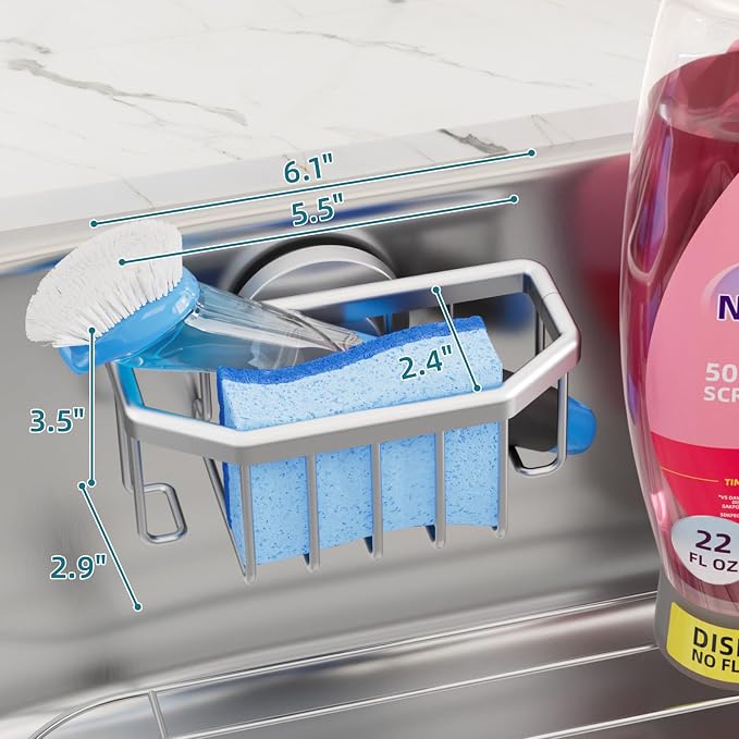 TAILI Sink Caddy with Strong Suction Cup, Sponge Holder for Kitchen Sink Organizer, Removable Sponge Caddy Inside Sink, Rustproof Aluminum Holder for Sponges, Brushes - Silver