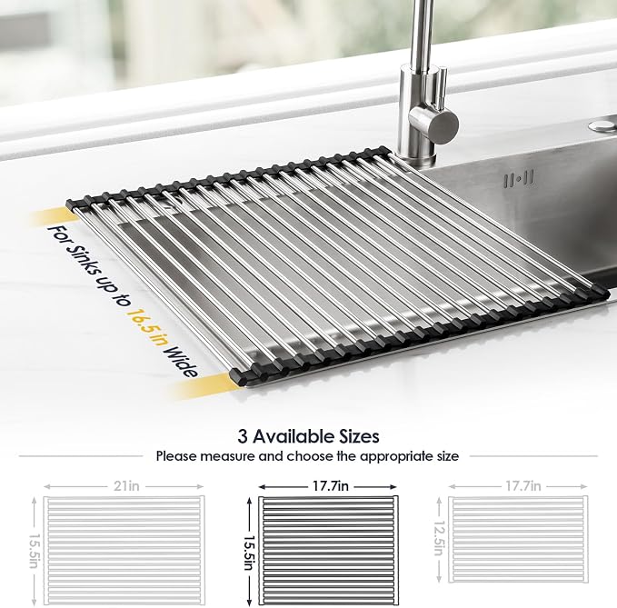 Tomorotec 17.7" x 15.5" Roll Up Dish Drying Rack Over Sink Drying Rack Sink Cover Kitchen Sink Accessories Gadget Multipurpose Organizer Foldable Stainless Steel Drainer