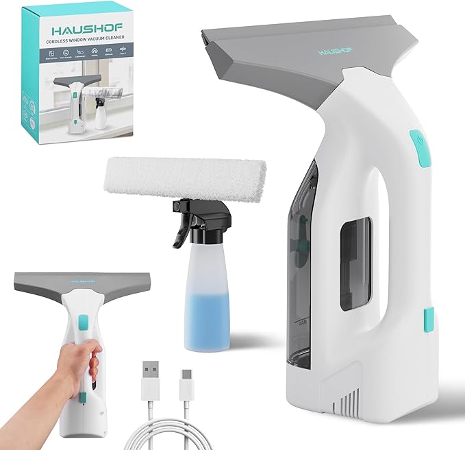 HAUSHOF Electric Window Vacuum Squeegee 11", 2000Pa Cordless Cleaner Set | Strong Suction;2 kPa Suction;Cordless Design;Multi-Surface Cleaning
