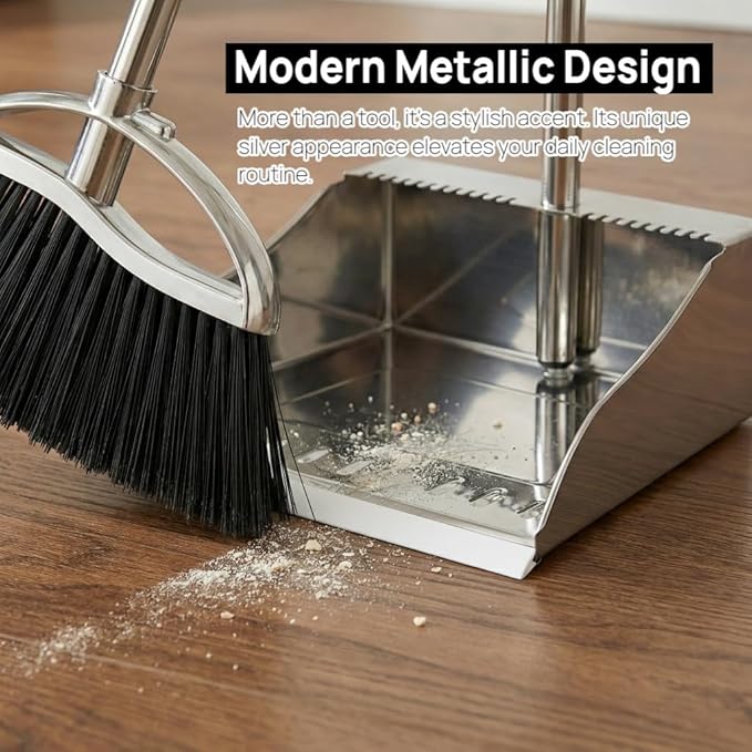 Indoor Broom and Dustpan Comb Set,Heavy Duty Stainless Steel Metal Dust Pan with Long Handle Sweeping Soft Bristles Broom for Floor Home Lobby Office