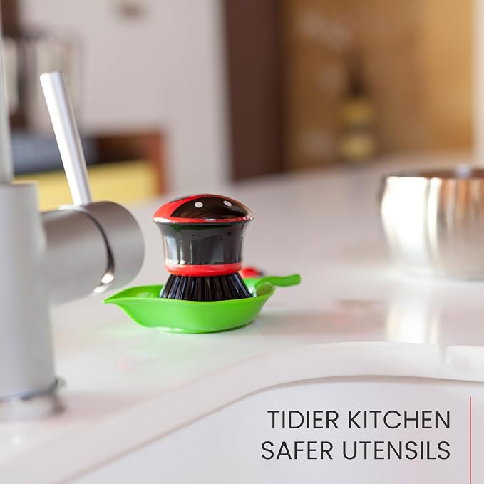 Vigar Ladybug Dish Scrub Brush with Holder, Kitchen Scrub Brush for Dishes, Dish Scrubber, Sink Brush, Dishwashing Brush and Vegetable Scrubber for Household Cleaning - Ladybug