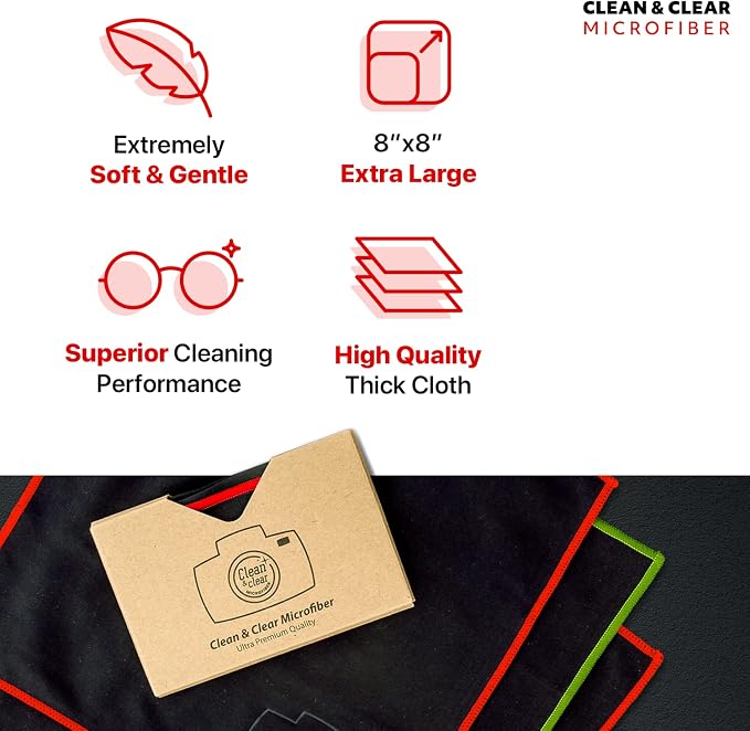 Clean & Clear Microfiber Cleaning Cloth, Extra Large [12 Pack] Ultra Premium Microfiber Cleaning Cloth - Microfiber Cloth for Camera Lens, Glasses, Screens, and All Lens.