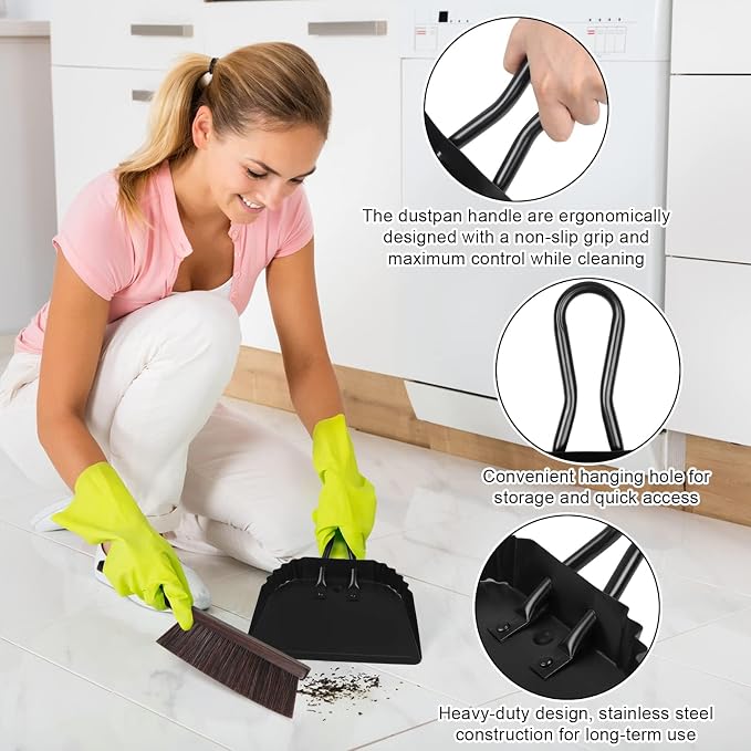 Heavy-Duty Metal Dust Pan and Brush Set-Handheld Angled DustPan and Broom | Stainless Steel Dust Pan with Handle,Precision Edge for Small Debris,Hanging Dustpan and Brush for Home,Fireplace Ash,Stove