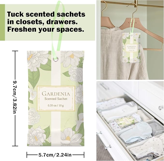 SCENTORINI Scented Sachets for Drawer and Closet, Gardenia Scent 14 Pack | Long-Lasting Sachets Bags Gift Set, Closet Freshener Sachets for Wardrobe Freshener, Cupboard, Suitcases, Handbags