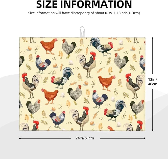 Chicken Dish Drying Mat for Kitchen Counter Cute Kitchen Mat Microfiber Kitchen Countertop Absorbent Reversible Drainer Rack Pad Dish Drying Mat 18 x 24 Inch