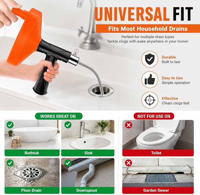 33 Feet Drain Snake Auger, Plumbing Snake Drain Hair Clog Removal Tool, Sink Unclogger Drain, Heavy Duty Drum Auger, Cleaner Tool for Bathroom Kitchen Tub Shower Drain Clog Remover with Gloves，Orange