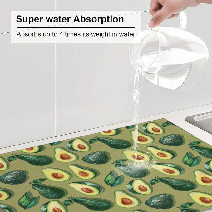 Green Avocado Dish Drying Mat For Kitchen Counter, Super Absorbent Microfiber Dish Drying Pad, Kitchen Gadgets For Easy Clean Multi-Use Large 18"x24"