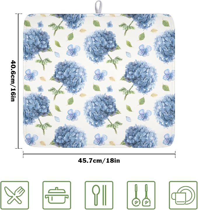 Spring Summer Blue Floral Dish Drying Mat 16x18 Inch | Hydrangea ，Polyester，Absorbent Microfiber，for Kitchen Coffee Dining Bar Decor