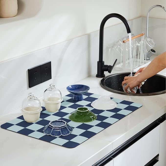Ohocut Navy Blue Checkered Dish Drying Mat for Kitchen Counter, Coffee Bar Station Accessories, Retro Cute Aesthetic Modern Absorbent Drainer Mat Kitchen Drying Mat Easy Clean (Ocean, 19" x 12")