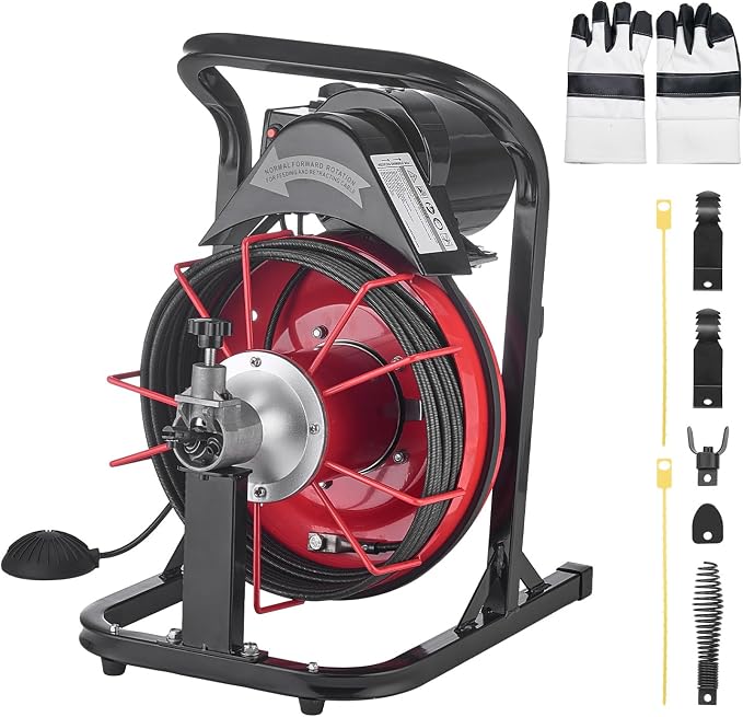 VEVOR Drain Cleaner Machine 50 FT x 5/16 Inch, Auto Feed Sewer Snake Auger with 4 Cutters & Air-Activated Foot Switch for 2" to 4" Pipes
