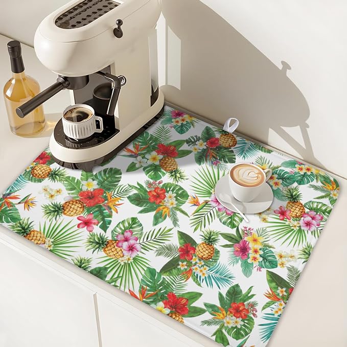 Summer Tropical Dish Drying Mat for Kitchen Counter Hawaii Palm Leaves Floral Pineapple Microfiber Dish Drainer Mat Rustic Absorbent Washable Drying Pad Extra Large 18"x24"