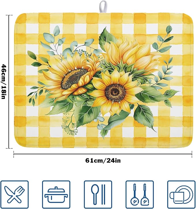 Sunflower Dish Drying Mat 18x24 Inch Absorbent Reversible Summer Sunflower Drying Mat Summer Plaid Dish Drying Rack Mat Yellow Summer Themed Dish Drainer Mat for Kitchen Counter Coffee Bar