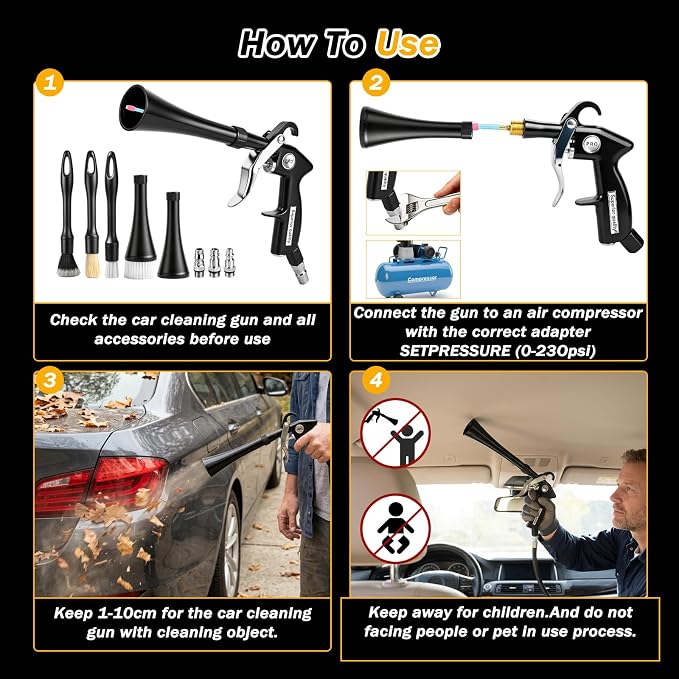 Car Detailing Air Cleaning Gun - Dry Blower Gun Works with Air Compressor | High Pressure Air Blaster with 2 Nozzles 3 Brushes 3 Connectors, Ergonomic Duster Tool for Car Interior Detailing Cleaning
