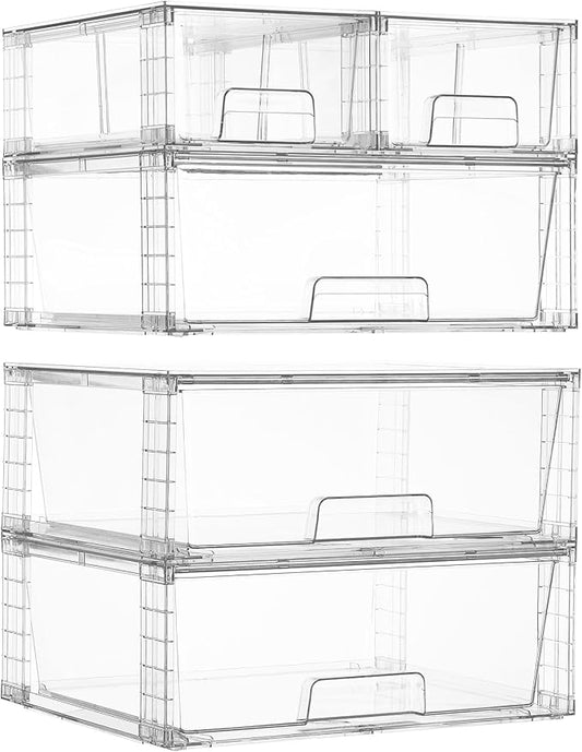 Vtopmart 5 Pack Stackable Storage Drawers, Easily Assemble Clear Plastic Organizer Bins, 3 Wide Drawers and 2 Small Drawers for Pantry, Kitchen Cabinet, Bathroom, Closet Organization and Storage