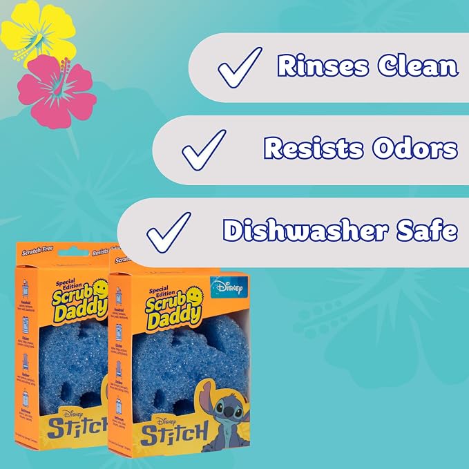 Scrub Daddy Disney Stitch Dish Sponge Twin Pack, Smiley Face Sponges for Cleaning & Washing Up - Kitchen Non Scratch Scourers with FlexTexture Firm & Soft Scrubbing, Dishwashing Scrubber
