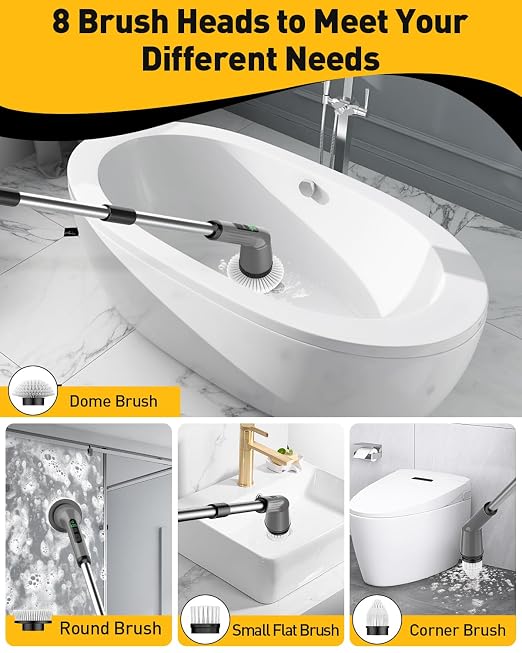 Shower Scrubber with Long Handle, Shower Cleaner Brush with 8 Floor Machine Pads, Cordless Electric Spin Scrubber for Cleaning with 2 Speed, Cleaning Supplies for Bathroom Bathtub Kitchen Floor Toilet