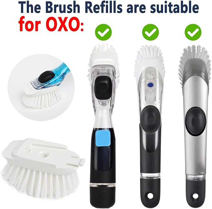 Dish Brush Refill Head 4 Pack Compatible with OXO Dish Brush Head | Stiff nylon bristles, built-in scraper, twist-to-replace mechanism, durable plastic, for soap dispensing models